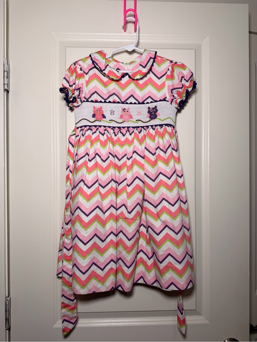 Girls Size 6 Smocked Owl Chevron Dress Pink Purple Green Boutique Style